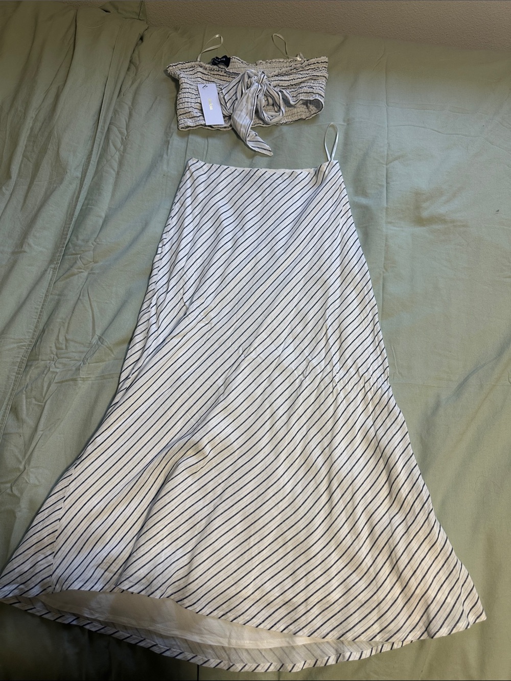 Aakaa Two Piece Set White Maxi Skirt with Navy Stripes and Matching Tube Top